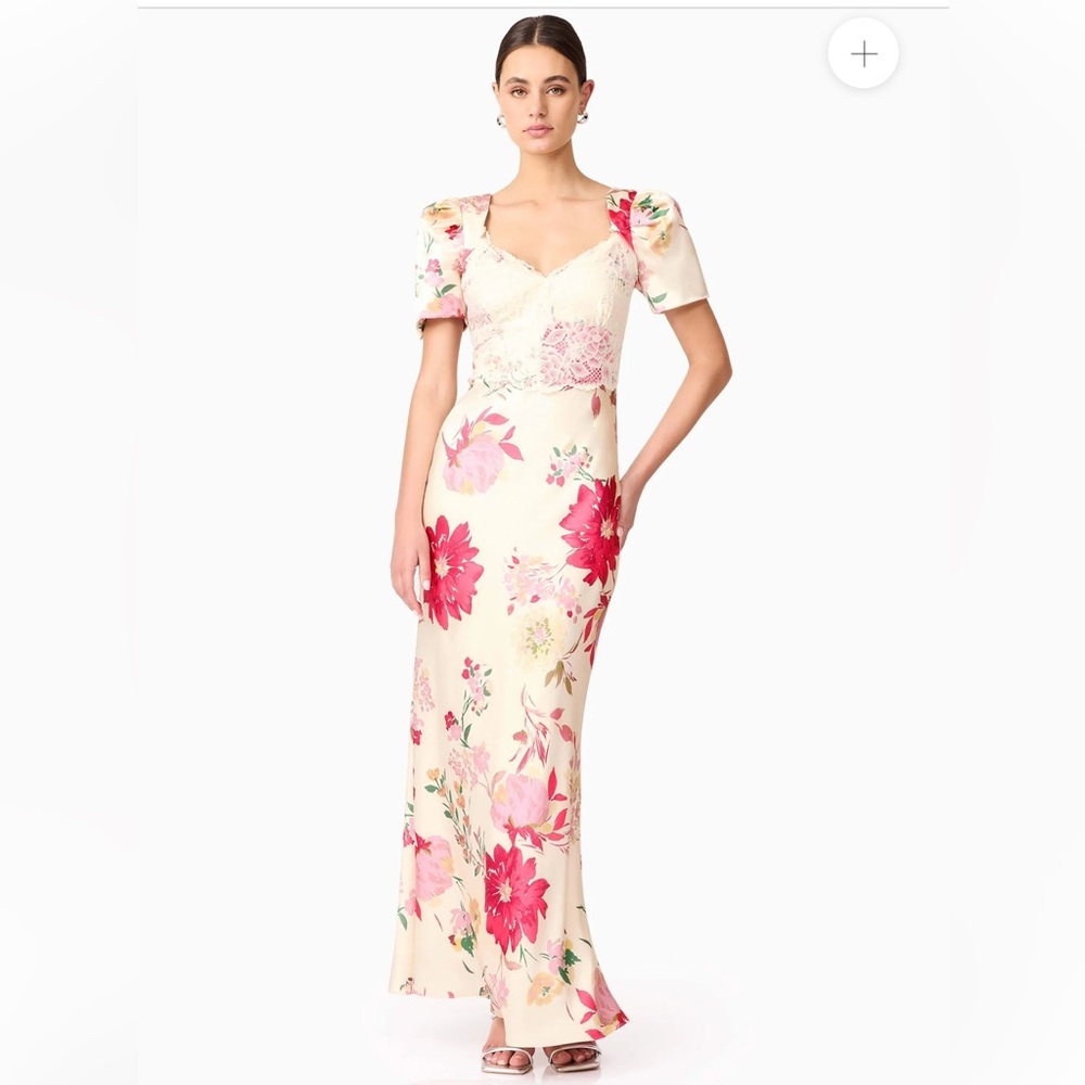 elliatt rosalina cream & pink floral print puff sleeve maxi satin dress medium